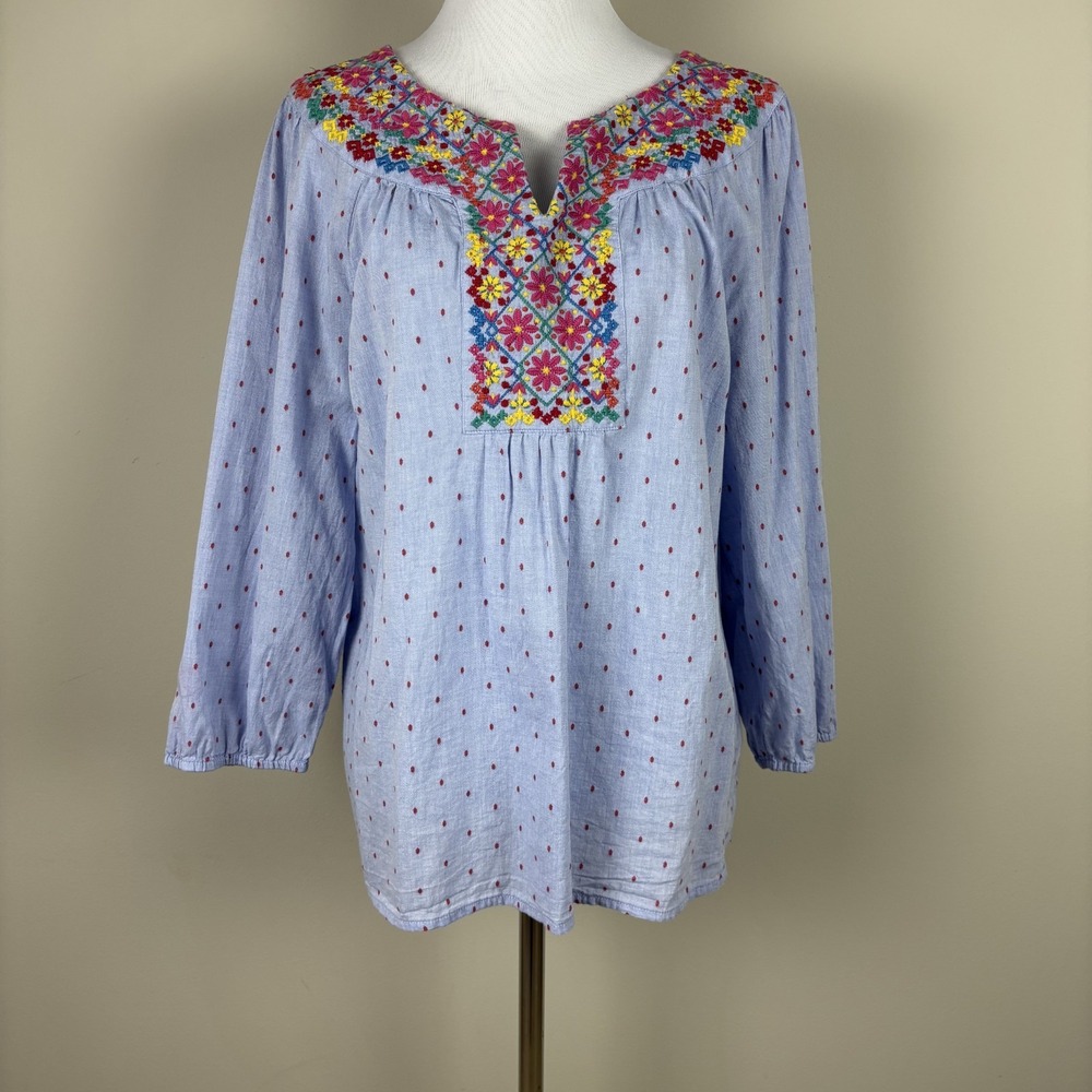 Talbots Blouse Top Large Blue Pink Floral Embroidered Boho Peasant‎ 3/4 Sleeve L